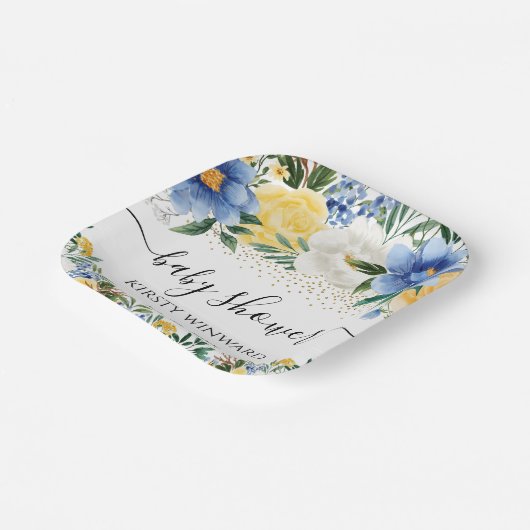 Assiettes En Carton Aquarelle Baby shower de fleurs bleu et jaune (Angulaire)