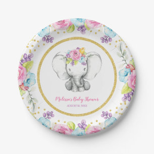 Assiettes En Carton Aquarelle Baby shower d'éléphants floraux