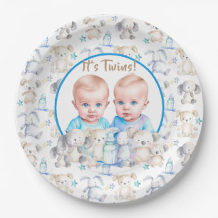 Assiettes En Carton Aquarelle Baby shower du garçon Twin Animaux