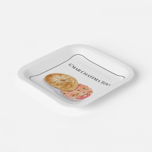 Assiettes En Carton Aquarelle Bagels Fumée Saumon G’mar Chatima Tova (Angulaire)