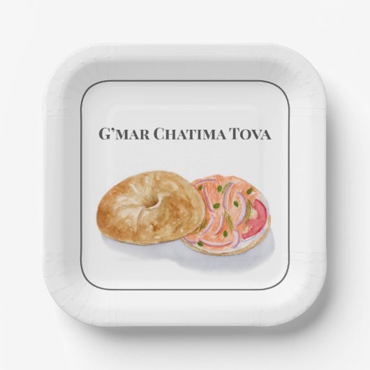 Assiettes En Carton Aquarelle Bagels Fumée Saumon G’mar Chatima Tova (Recto)
