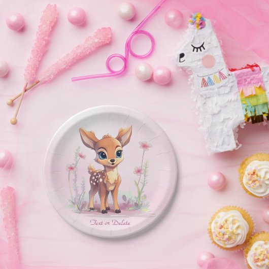 Assiettes En Carton Aquarelle Bébé Cerf Fleurs roses Plaque en papier (Fête)