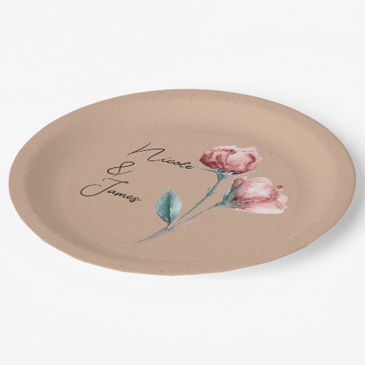 Assiettes En Carton Aquarelle Beige Peachy Mariage (Angle)