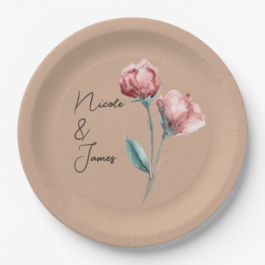 Assiettes En Carton Aquarelle Beige Peachy Mariage (Devant)