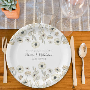 Assiettes En Carton Aquarelle Blanc Floral neutre baby shower genre