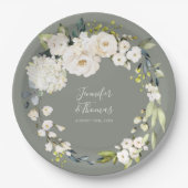 Assiettes En Carton Aquarelle blanche Mariage vert Sage (Devant)