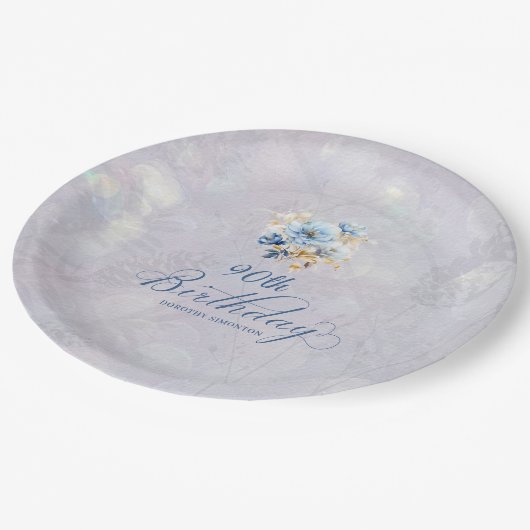 Assiettes En Carton Aquarelle bleu blanc Floral 90e anniversaire (Angle)