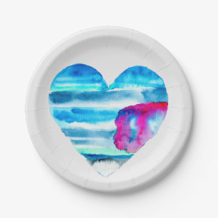 Assiettes En Carton Aquarelle bleu coeur mignon