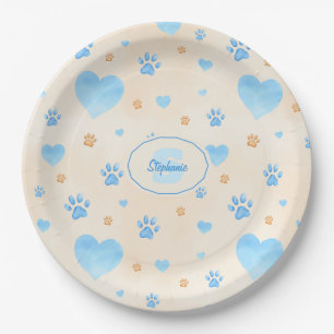 Assiettes En Carton Aquarelle Bleu Coeurs et Empreintes de pattes Moti