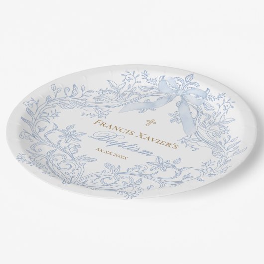 Assiettes En Carton aquarelle bleu crête bébé garçon Baptême (Angle)