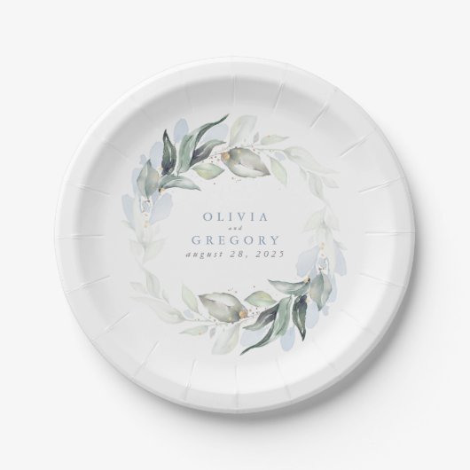 Assiettes En Carton Aquarelle bleu Dusty Vert Mariage romantique (Devant)