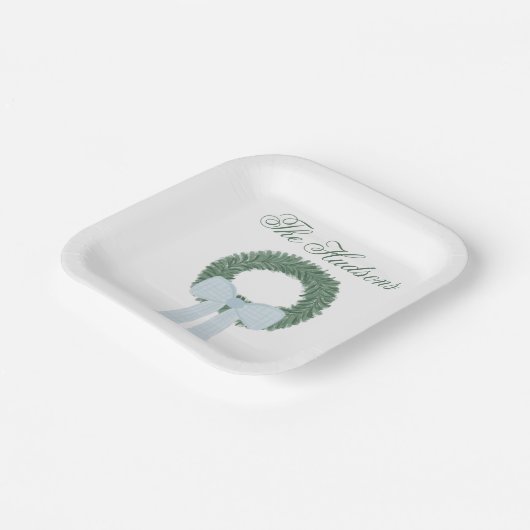 Assiettes En Carton Aquarelle Bleu En vichy courge (Angulaire)