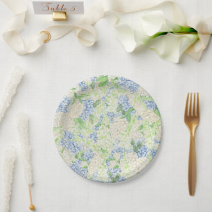 Assiettes En Carton Aquarelle Bleu et Blanc Hydrangea Crest