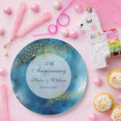 Assiettes En Carton Aquarelle Bleu et Or 50e anniversaire Mariage (Fête)