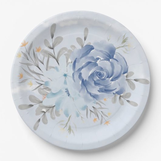 Assiettes En Carton Aquarelle bleu foncé Mariage de pivoine (Devant)