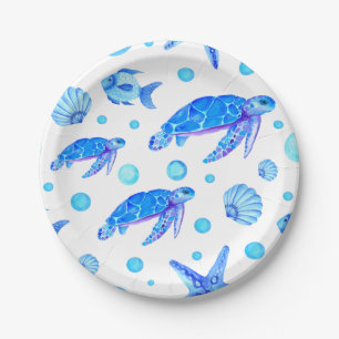 Assiettes En Carton Aquarelle bleu Motif Nautique Turtle Fish Party