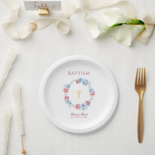 Assiettes En Carton Aquarelle bleu rose floral Baptême Christening