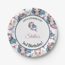 Aquarelle bleu rose Sirène Chat Fille Anniversaire