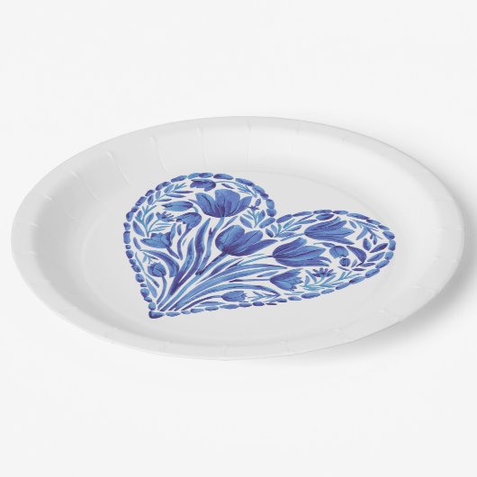 Assiettes En Carton Aquarelle Bleu Tulipes Coeur Sur Blanc (Angle)