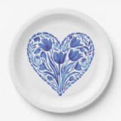 Assiettes En Carton Aquarelle Bleu Tulipes Coeur Sur Blanc (Devant)
