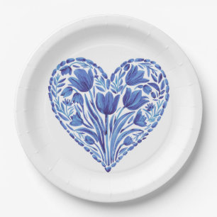 Assiettes En Carton Aquarelle Bleu Tulipes Coeur Sur Blanc