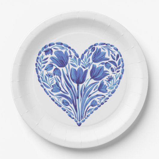 Assiettes En Carton Aquarelle Bleu Tulipes Coeur Sur Blanc (Devant)