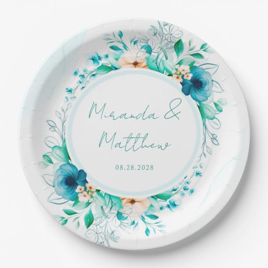Assiettes En Carton Aquarelle bleu turquoise Floral Mariage géométriqu (Devant)