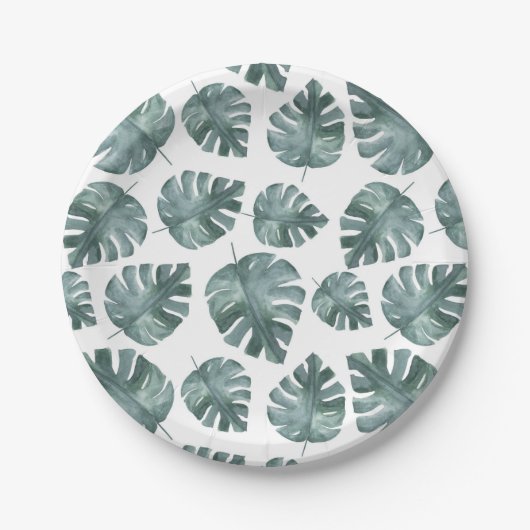 Assiettes En Carton Aquarelle bleu vert Monstera Motif Anniversaire (Devant)