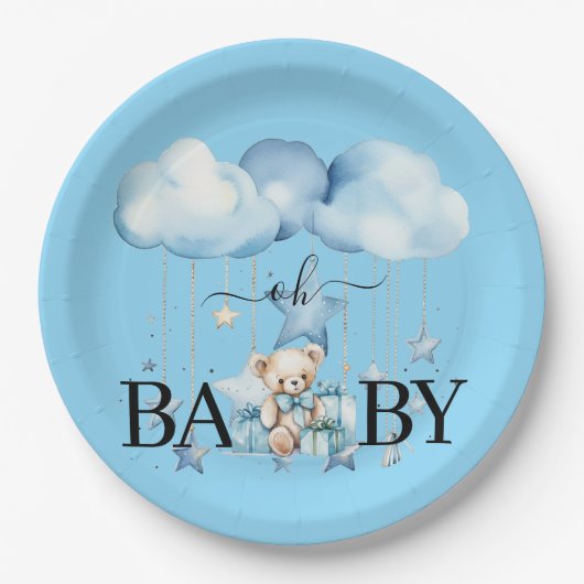 Assiettes En Carton Aquarelle Bleue adorable Baby shower Ours En Teddy (Devant)