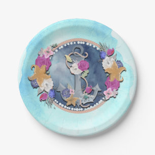 Assiettes En Carton Aquarelle bleue Ancre florale marine moderne