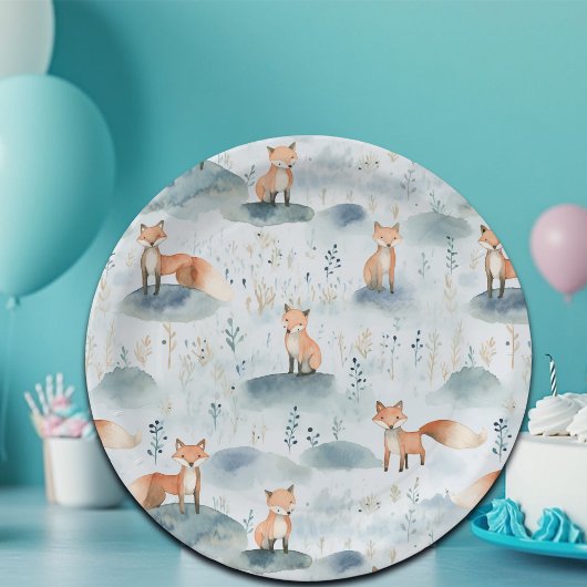 Assiettes En Carton Aquarelle bleue Baby Fox
