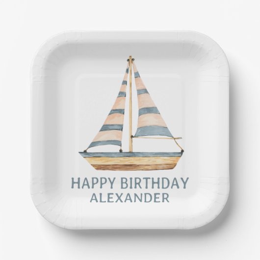 Assiettes En Carton Aquarelle Bleue Bleu Bande Voilier (Recto)