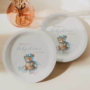 Assiettes En Carton Aquarelle Bleue Cute Baby shower Garçon Ours Teddy