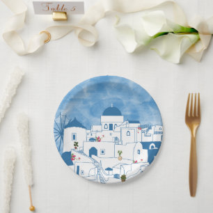 Assiettes En Carton Aquarelle bleue et blanche Santorin Grèce