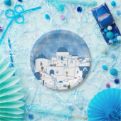Assiettes En Carton Aquarelle bleue et blanche Santorin Grèce (Fête)
