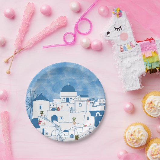 Assiettes En Carton Aquarelle bleue et blanche Santorin Grèce (Fête)