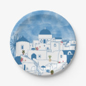 Assiettes En Carton Aquarelle bleue et blanche Santorin Grèce (Devant)