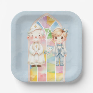 Assiettes En Carton Aquarelle bleue garçon 1er. Communion