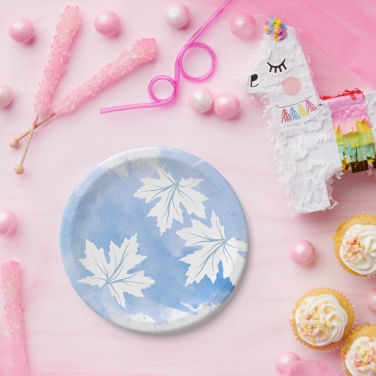 Assiettes En Carton Aquarelle bleue moderne et feuilles d'érable (Fête)