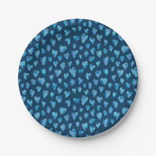 Assiettes En Carton Aquarelle bleue Motif de coeur