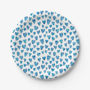 Assiettes En Carton Aquarelle bleue Motif de coeur