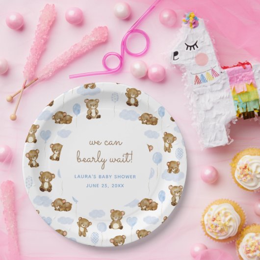 Assiettes En Carton Aquarelle Bleue Nous Pouvons Attendre Teddy Ours (Fête)