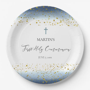 Assiettes En Carton aquarelle bleue Première Communion