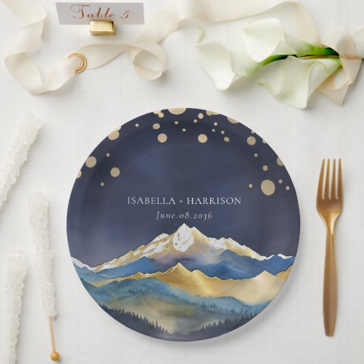 Assiettes En Carton Aquarelle Blue Gold Foil Mountain Mariage extérieu (Mariage)