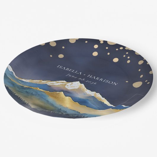 Assiettes En Carton Aquarelle Blue Gold Foil Mountain Mariage extérieu (Angle)