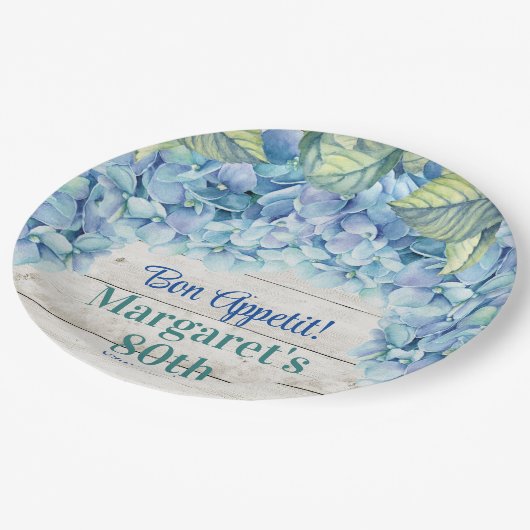 Assiettes En Carton Aquarelle Blue Hydrangea 80e anniversaire (Angle)