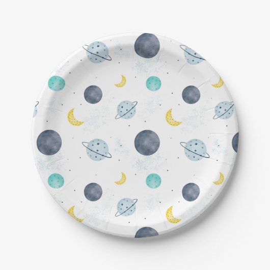 Assiettes En Carton Aquarelle Blue Space Planet Motif (Devant)