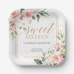 Assiettes En Carton Aquarelle Blush rose eucalyptus sweet sixteen
