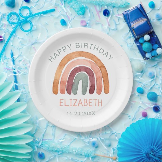 Assiettes En Carton Aquarelle Boho Arc-en-ciel Joyeux anniversaire (Fête)