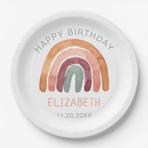 Assiettes En Carton Aquarelle Boho Arc-en-ciel Joyeux anniversaire